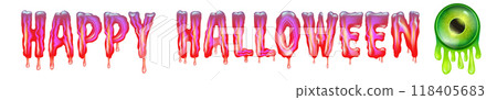 Pink Happy halloween text with liquid green slime and zombie green eye isolated on white background. Wide pink happy halloween banner, poster, flyer and poster with melting text and monster eyeball Pink Happy halloween text with liquid green slime and zombie green eye isolated on white background. Wide pink happy halloween banner, poster, flyer and poster with melting text and monster eyeball 118405683