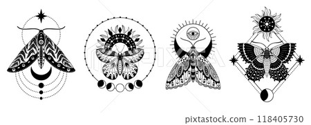Mystical butterfly astrology concept. Astrological butterfly zodiac sign, magic esoteric tarot and oracle symbol, vintage hand drawn engraving. Vector set 118405730