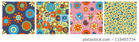 Groovy daisy pattern. Seamless print of colorful vintage flowers, abstract 60s 70s retro hippie backdrop for wrapping textile fabric. Vector texture 118405734
