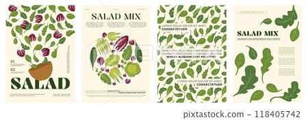 Fresh salad posters. Minimalist healthy food banners with green salad leaves, colorful vegetarian background for cover design. Vector set 118405742