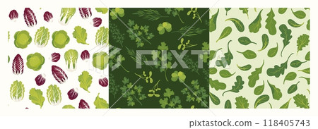 Salad patterns. Seamless print of green vegetable leaf mix, vegan food background for wrapping paper green fresh food textile fabric. Vector texture set Salad patterns. Seamless print of green vegetable leaf mix, vegan food background for wrapping paper green fresh food textile fabric. Vector texture set 118405743