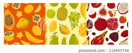Exotic fruits pattern. Seamless print of tropical sweet organic fruits, banana pineapple mango citrus, cartoon apple cherry pomegranate. Vector texture 118405748