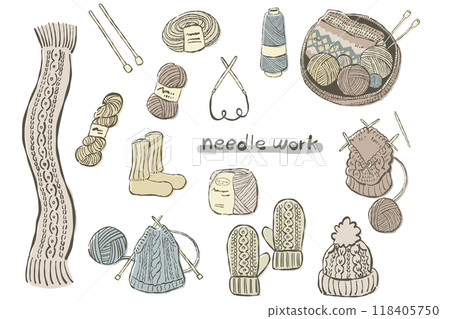 Set of hand drawn simple knitting image illustrations 118405750