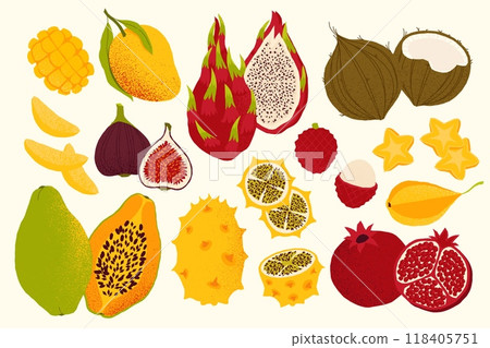 Sliced fruits. Cartoon exotic ripe fruit pieces, colorful tropical sweet and sour berry and citrus fruits flat style. Vector isolated collection 118405751