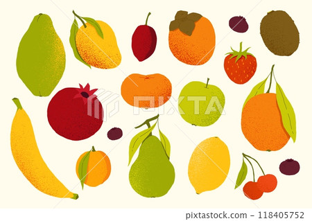 Flat fruits. Cartoon colorful summer berries, organic apple banana cherry mango citrus, fresh exotic fruit nutrition concept. Vector isolated set 118405752