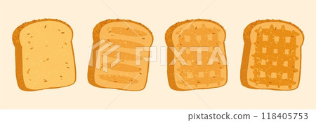 Toast sliced bread. Crusty brown whole and pieces of wholemeal toasts, delicious baked snack breakfast meal, soft yummy food. Vector isolated set 118405753