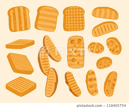 Cartoon toasts. Wholemeal bread toast slices and whole grain croutons, roasted healthy meal products for breakfast, bakery products to prepare. Vector set Cartoon toasts. Wholemeal bread toast slices and whole grain croutons, roasted healthy meal products for breakfast, bakery products to prepare. Vector set 118405754