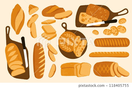 Cartoon sliced bread. Whole and cut baguette, french bakery products with slices, fresh baked dough food, sliced toasts. Vector bakery set Cartoon sliced bread. Whole and cut baguette, french bakery products with slices, fresh baked dough food, sliced toasts. Vector bakery set 118405755