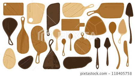 Cutting boards. Cartoon wooden kitchen utensils, circle and rectangle board for chopping and cutting food, natural material flat style. Vector isolated set 118405758
