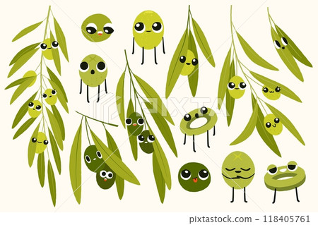 Cartoon olive characters. Cute organic smiley faces with different emotions, funny vegetable emoticons for comic game design. Vector set 118405761