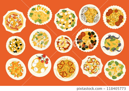Pasta dish. Homemade spaghetti with tomato sauce, cheese and basil, italian traditional food. Vector cartoon plate with pasta 118405773