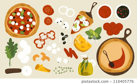 Pizza ingredients. Cartoon pizza with cheese, tomato sauce, pepperoni and mushrooms, italian homemade food flat style. Vector isolated set Pizza ingredients. Cartoon pizza with cheese, tomato sauce, pepperoni and mushrooms, italian homemade food flat style. Vector isolated set 118405776