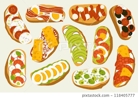 Bruschetta. Fresh homemade italian toasts with tomato garlic basil olive oil, bruschetta traditional healthy food concept. Cartoon flat style 118405777