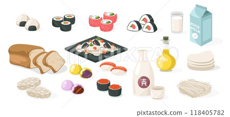 Rice products and food. Flat traditional asian rice grain dishes and ingredients, cartoon basmati jasmine wild rice. Vector isolated set 118405782