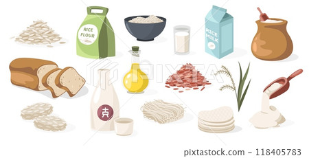 Rice collection. Cartoon bowl with cooked rice, glass with sake and bottle with rice flour, asian cereal ingredients. Vector isolated set 118405783