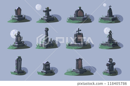 Empty tombstones. Cartoon grave stone with cross RIP inscription, cemetery headstone with empty space for text. Vector funeral memorial isolated set 118405786