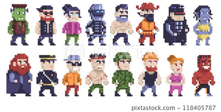 Pixel characters. Retro 8 bit video game people, pixel cute funny square human avatars, 16 bit male and female faces. Vector isolated set Pixel characters. Retro 8 bit video game people, pixel cute funny square human avatars, 16 bit male and female faces. Vector isolated set 118405787
