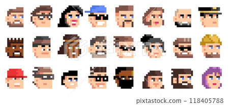 Pixel avatars. Retro 8 bit colorful characters, men and women avatar faces for video game, comic book and website. Vector isolated set 118405788