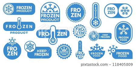 Frozen product label. Keep frozen icons with snowflake, ice cream and meat package, frozen food refrigerated temperature indicator. Vector set 118405809