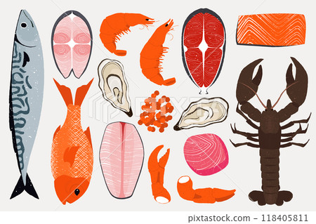 Cartoon sea products. Fresh fish shellfish seafood, raw marine ingredients for cooking, gourmet delicatessen restaurant menu. Vector isolated set 118405811