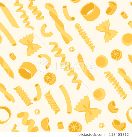 Cartoon pasta pattern. Seamless print of italian gluten food, doodle macaroni rigatoni shells fettuccine fusilli types. Vector texture Cartoon pasta pattern. Seamless print of italian gluten food, doodle macaroni rigatoni shells fettuccine fusilli types. Vector texture 118405812