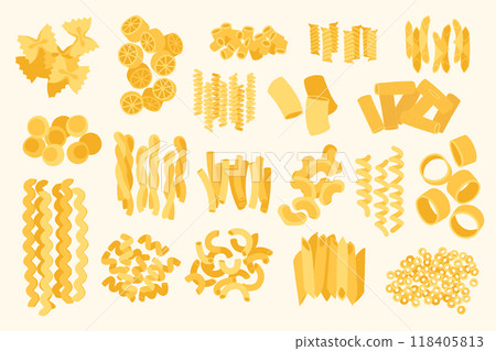 Italian pasta. Cartoon different types of dry macaroni and spaghetti, traditional Italian cuisine food for lunch or dinner. Vector isolated set 118405813