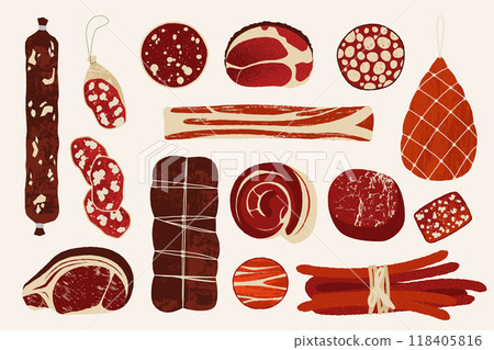 Cartoon delicatessen sausages. Meat frankfurter salami steak lamb ham, bar-b-q raw and smoked pork beef frankfurter, BBQ products. Butchery shop menu. Vector isolated set Cartoon delicatessen sausages. Meat frankfurter salami steak lamb ham, bar-b-q raw and smoked pork beef frankfurter, BBQ products. Butchery shop menu. Vector isolated set 118405816