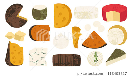 Cheese types. Different types of cheese, swiss gouda roquefort brie blue mozzarella parmesan cheddar, gourmet food for restaurant menu. Vector set 118405817
