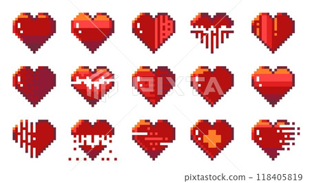 8-bit hearts. Retro video game pixel art romantic heart symbols, love valentine day icons for wedding design. Vector isolated set. Red hearts 2d mosaic pictograms 118405819