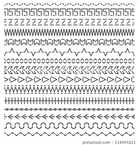 Horizontal seamless stitches. Embroidery border and seam pattern, endless straight stitch textile lace and fringe dividers. Vector tailoring texture set. Geometric sewing decoration graphics Horizontal seamless stitches. Embroidery border and seam pattern, endless straight stitch textile lace and fringe dividers. Vector tailoring texture set. Geometric sewing decoration graphics 118405822