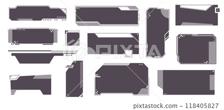Futuristic text boxes. Abstract digital interface textbox with geometric borders futuristic HUD virtual game frame panel, modern UI dashboard window with controls and callout callouts. Vector set 118405827