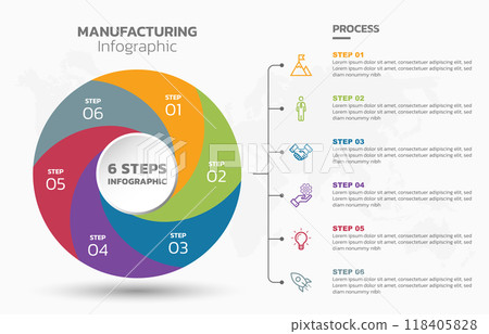 Visual data presentation. Cycle diagram with 6 options. Pie Chart Circle infographic template with 6 steps, options, parts, segments. Business concept. Marketing infographic vector illustration. 118405828