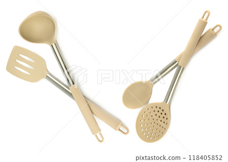 Kitchen spoon, ladle, spatula, skimmer isolated on white. There is free space for text. Collage. 118405852