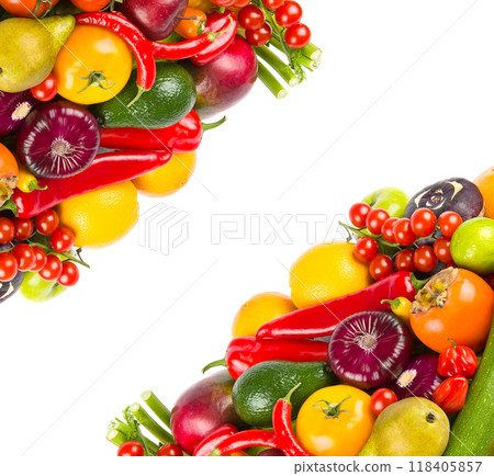 Set of vegetables and fruits isolated on a white. There is free space for text. Collage. 118405857