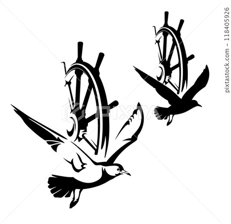 seagull and steering wheel black vector outline and silhouette 118405926