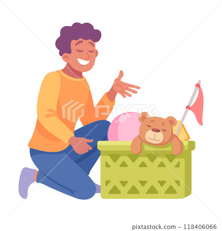 Man Dad Gather Kids Toys in Box Vector Illustration Man Dad Gather Kids Toys in Box Vector Illustration 118406066