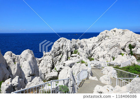 白崎海洋公園 藍色的大海和白色的岩石 118406086