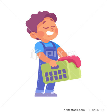 Little Boy Doing Laundry Holding Clean Clothes Vector Illustration Little Boy Doing Laundry Holding Clean Clothes Vector Illustration 118406118