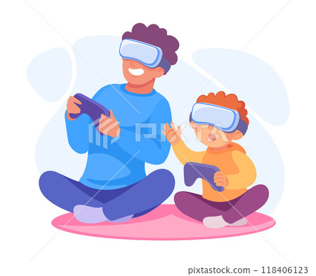 Man Parent with His Son Play Video Game as Home Activity Vector Illustration Man Parent with His Son Play Video Game as Home Activity Vector Illustration 118406123
