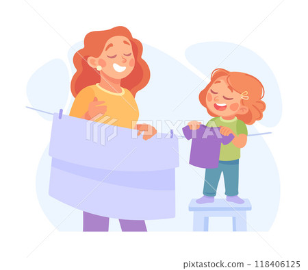 Woman Parent with Her Daughter Hanging Clothes on Rope as Home Activity Vector Illustration Woman Parent with Her Daughter Hanging Clothes on Rope as Home Activity Vector Illustration 118406125