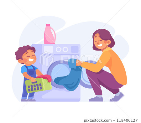 Woman Parent with Her Son Doing Laundry as Home Activity Vector Illustration 118406127