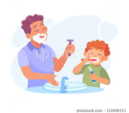 Man Parent with His Son Shaving and Brush Teeth as Home Activity Vector Illustration Man Parent with His Son Shaving and Brush Teeth as Home Activity Vector Illustration 118406151