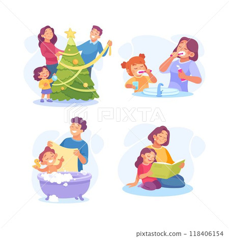 Homework with Parent and Kid Engaged in Home Activity Vector Set 118406154