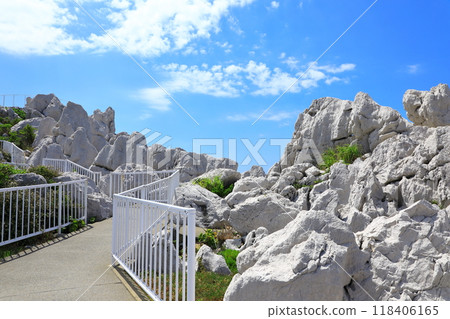 白崎海洋公園:從海濱長廊看到藍天和白色的岩石 白崎海洋公園:從海濱長廊看到藍天和白色的岩石 118406165