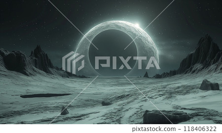 Abstract futuristic lunar landscape under a starry sky, sci-fi background. Generative AI Abstract futuristic lunar landscape under a starry sky, sci-fi background. Generative AI 118406322