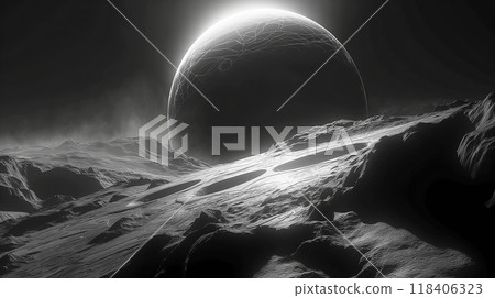 Abstract futuristic lunar landscape under a starry sky, sci-fi background. Generative AI 118406323