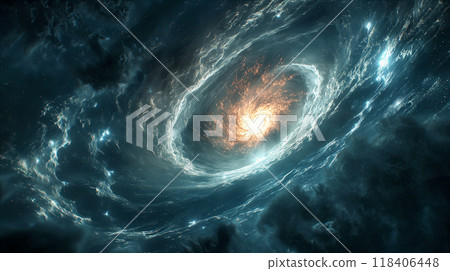 A Close Up View of a White and Orange Gaseous Galaxy in Space. Generative AI 118406448