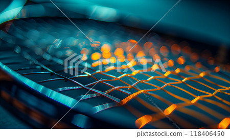 Close Up of a Tennis Racquet String Pattern at Sunset. Generative AI Close Up of a Tennis Racquet String Pattern at Sunset. Generative AI 118406450