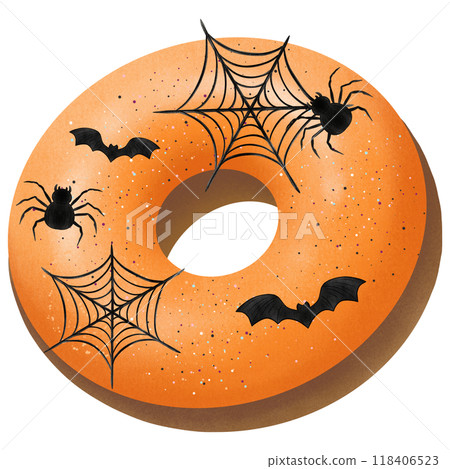Halloween donut hand drawn with spider, web and bat Halloween donut hand drawn with spider, web and bat 118406523