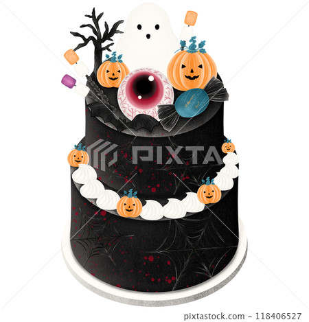 Hand drawn halloween cake with pumpkin, ghost, eye, candy, tree and marshmallow Hand drawn halloween cake with pumpkin, ghost, eye, candy, tree and marshmallow 118406527